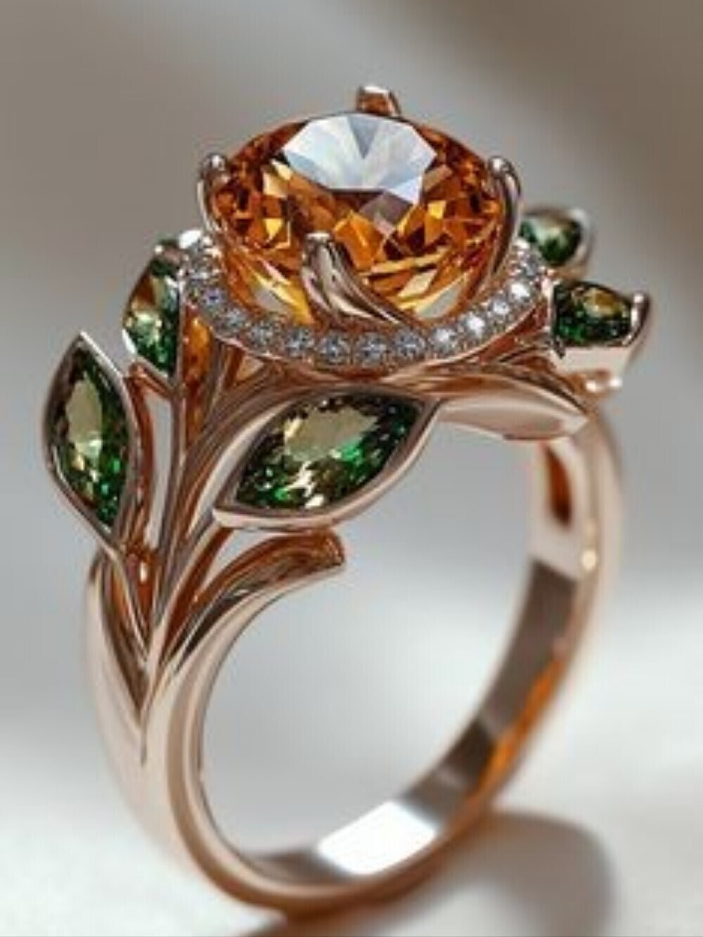 Rose Gold Leaf & Vine Ring Amber Citrine Center Green Marquise Size 8